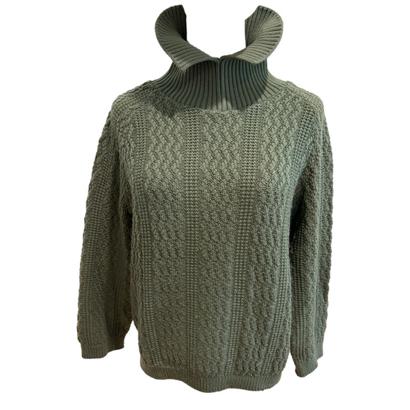 jcpenney Sweaters - 1962 JC PENNEYS OLIVE GREEN HIGH COLLAR CABLE KNIT SWEATER 3/4 SLEEVE MCM SZ L
